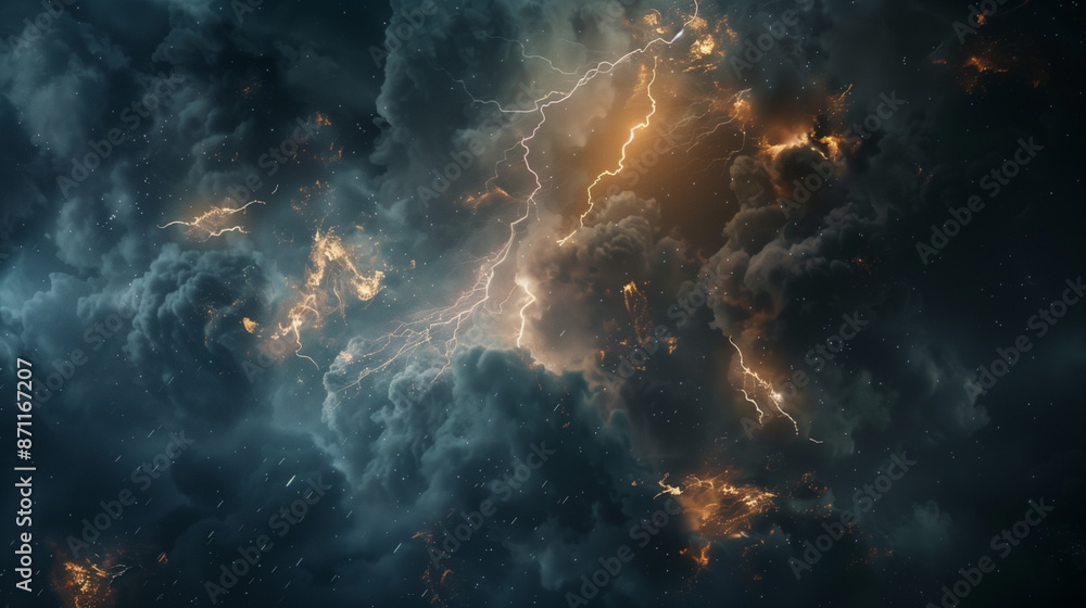Clouds, thunderstorm and lightning with sparkles background, dark dramatic backdrop for decoration Clouds, thunderstorm and lightning with sparkles background, dark dramatic backdrop for decoration