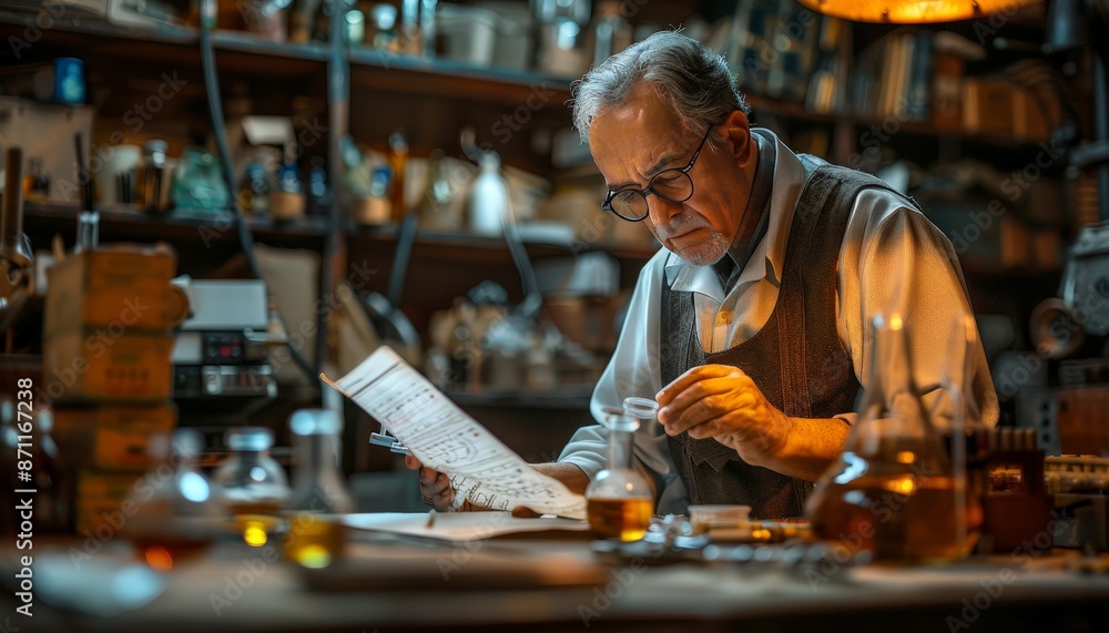 A scientist in a laboratory carefully examining a test tube, with various scientific instruments and charts in the background A scientist in a laboratory carefully examining a test tube, with various scientific instruments and charts in the background