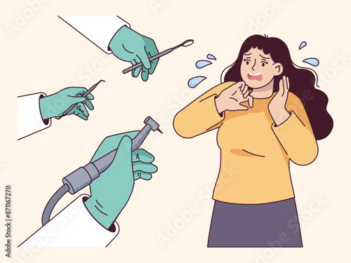 Dentist fear. Scared character dental problem, frightened patient with tooth pain panic fears doctor, dentistry cabinet phobia odontophobia dentophobia swanky illustration