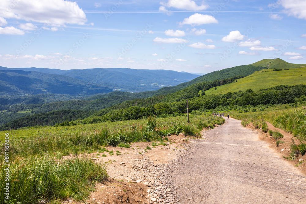 View of the Bieszczady Mountains from Połonina Wetlińska. Summer in the Bieszczady mountains. Polish Mountains. View of the Bieszczady Mountains from Połonina Wetlińska. Summer in the Bieszczady mountains. Polish Mountains.