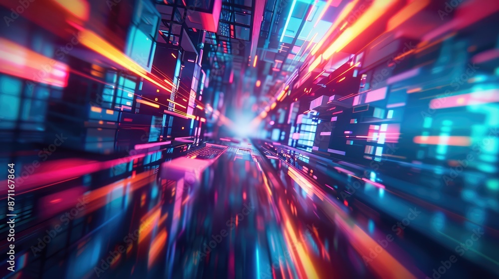 Obraz premium Abstract geometric shapes in neon hues illuminate a futuristic tunnel, capturing the essence of a dynamic, urban environment.