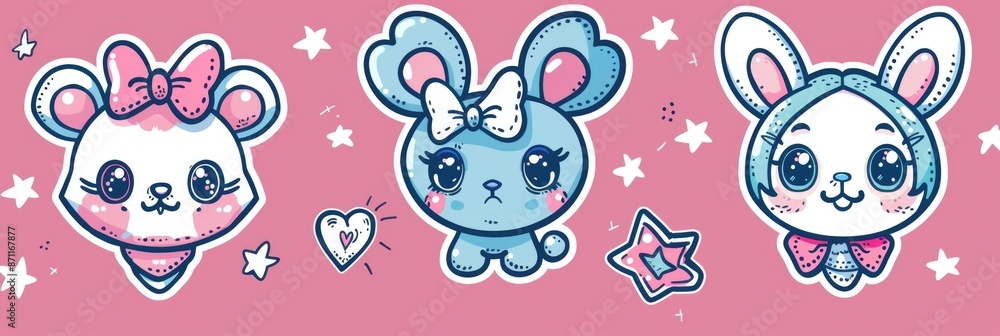 Obraz premium Kawaii Bear. Emo Girl and Teddy Bear Sticker Set. Y2K 90s Aesthetic Collection