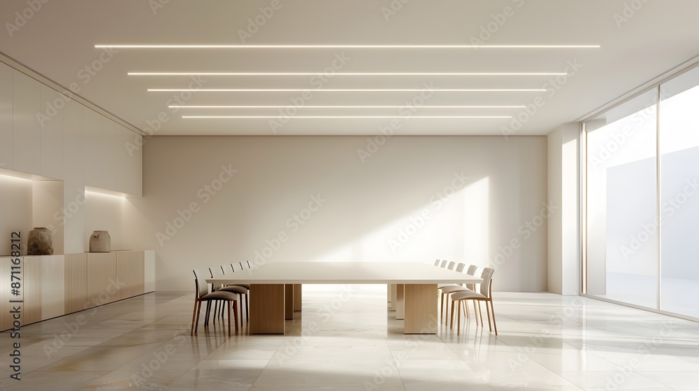 Obraz premium Minimalist Conference Room with Clean Lines and Simple Furniture,Home Mockup 3D Render