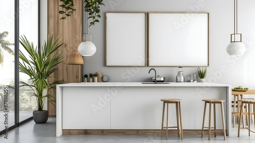 Minimalist Contemporary Kitchen with Empty Frame Mockup on Clean Background