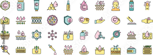 Collagen icons set outline vector. Skin acid. Hair oil thin line color flat on white