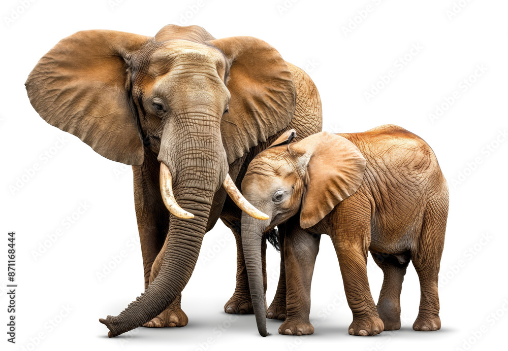 Fototapeta premium An adult elephant and a baby elephant standing close together on a white background, captured in a studio setting to emphasize their detailed textures and the bond shared.