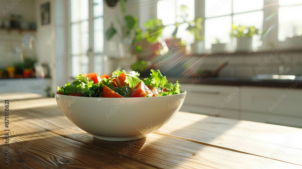 Salad bowl in a wooden table with a blurred kitchen in the background and sun light reflection Salad bowl in a wooden table with a blurred kitchen in the background and sun light reflection