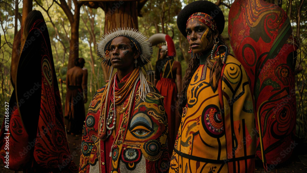 Naklejka premium two men in colorful costumes stand in a forest with trees