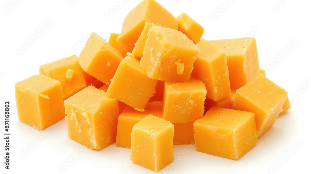 Block Cheese. Portion of Cheddar Cubes in Yellow Color Block Cheese. Portion of Cheddar Cubes in Yellow Color