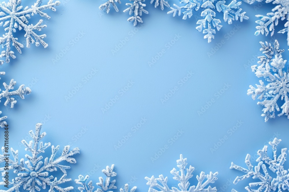 Blue Snowflake Border. Christmas Background with Winter Feel and Seasonal Touch Blue Snowflake Border. Christmas Background with Winter Feel and Seasonal Touch