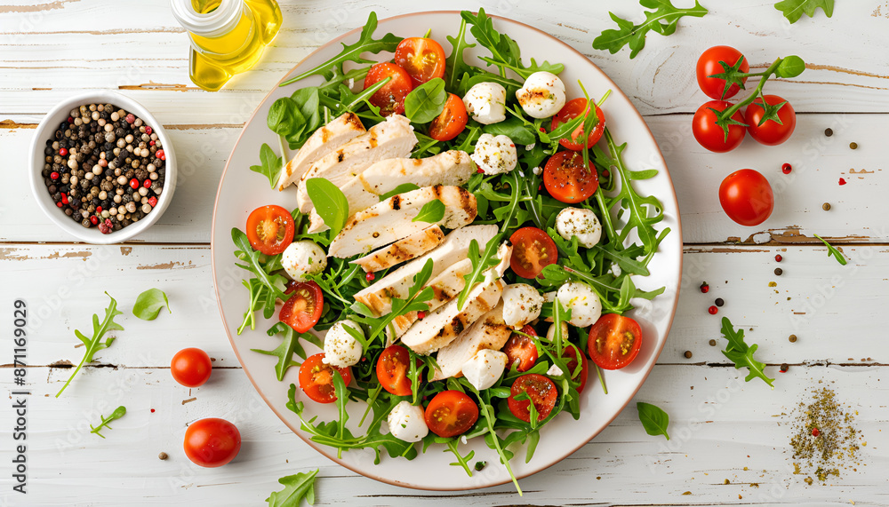 Salad with chicken, mozzarella and cherry tomatoes on wooden table, top view Salad with chicken, mozzarella and cherry tomatoes on wooden table, top view