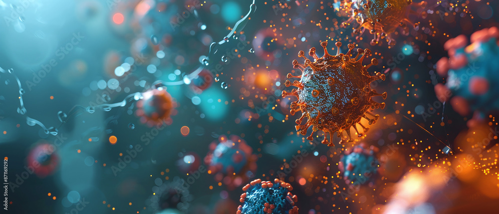 High-resolution microscopic view showcasing viruses with intricate structures in vibrant orange and blue colors.
High-resolution microscopic view showcasing viruses with intricate structures in vibrant orange and blue colors.