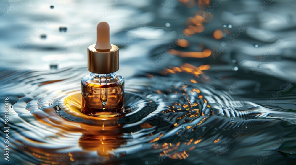 Photo of facial cosmetics or hair serum or essential oil glass bottle with drops in textured water waves.