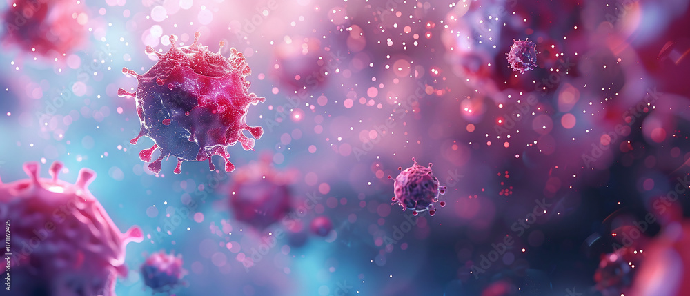 Detailed microscopic view of viruses in a vibrant pink and blue color palette, highlighting their intricate structures.
Detailed microscopic view of viruses in a vibrant pink and blue color palette, highlighting their intricate structures.