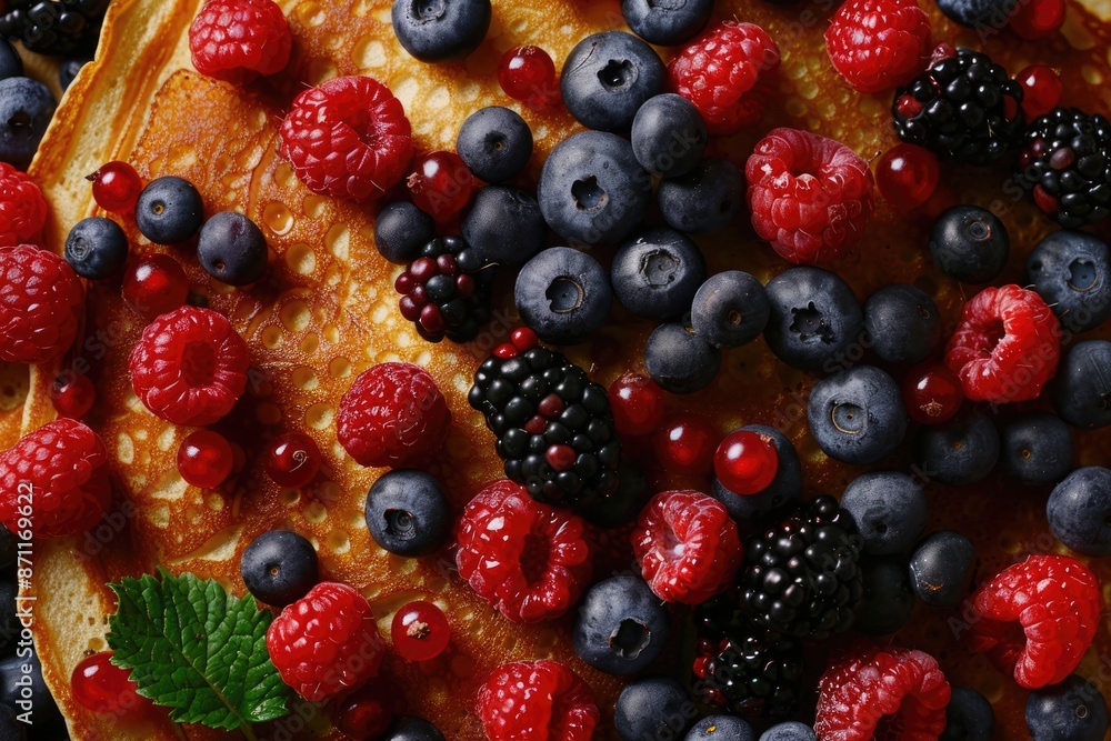 Pancakes Top View with Fresh Blackberries and Blueberries Pancakes Top View with Fresh Blackberries and Blueberries