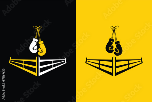 Logo for a boxing with two gloves and ring on different background.