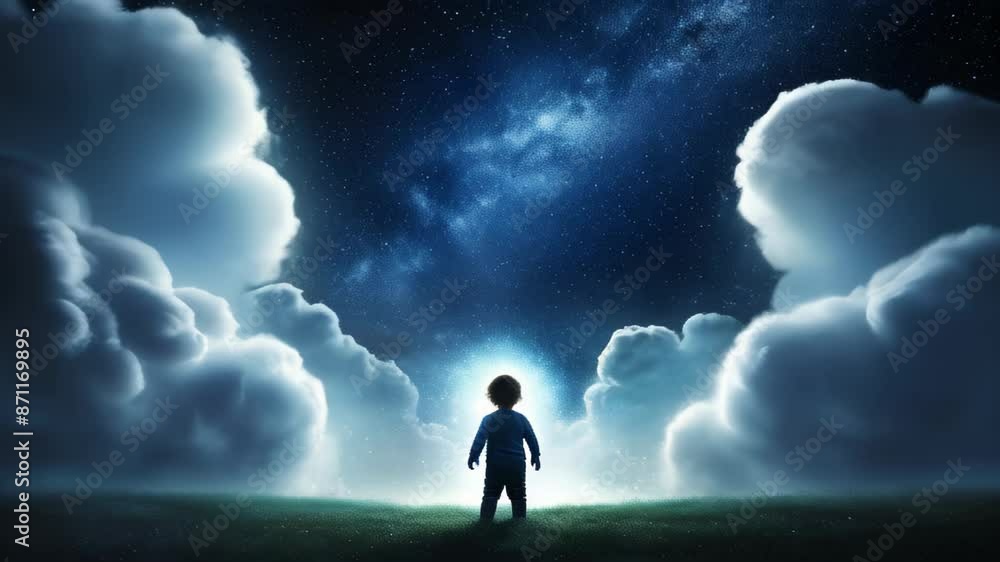 young child stands under a starry night sky, surrounded by large fluffy dark blue clouds. Surrealism concept young child stands under a starry night sky, surrounded by large fluffy dark blue clouds. Surrealism concept
