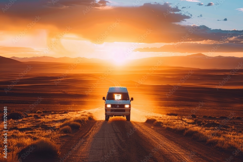 Adventure Van. Driving on Desert Road During Sunset with Beautiful Sky View Adventure Van. Driving on Desert Road During Sunset with Beautiful Sky View