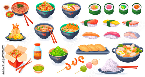 Cartoon japanese food collection. Asian cookery rice delicious dish plate, chinese korean cuisine healthy seafood tempura sushi salmon oden japan mustard, neat illustration