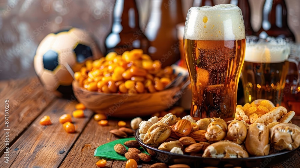 A refreshing glass of beer with a frothy top, placed on a wooden table surrounded by snacks, highlighting a cozy and inviting atmosphere perfect for social gatherings. A refreshing glass of beer with a frothy top, placed on a wooden table surrounded by snacks, highlighting a cozy and inviting atmosphere perfect for social gatherings.