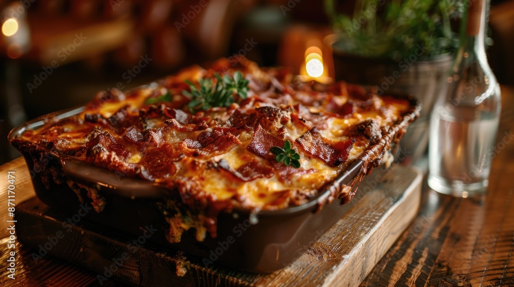 Baked lasagna topped generously with crispy bacon slices, served hot. Baked lasagna topped generously with crispy bacon slices, served hot.