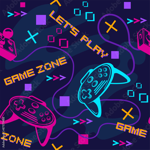 Gamepad pattern. Game joystick seamless wallpaper, retro gaming slogan typography fabric print, gamer guy video games trends, controller cartoon background neat illustration