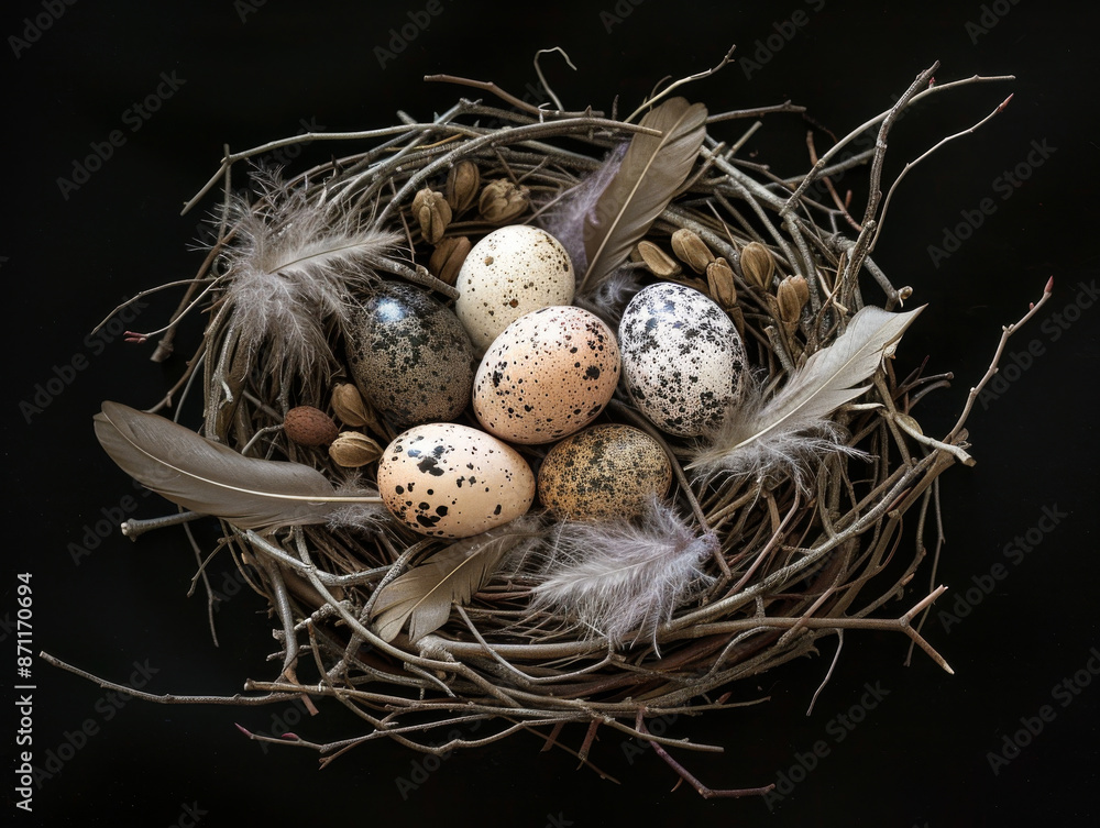 A rustic nest with speckled eggs and feathers, set against a black background A rustic nest with speckled eggs and feathers, set against a black background
