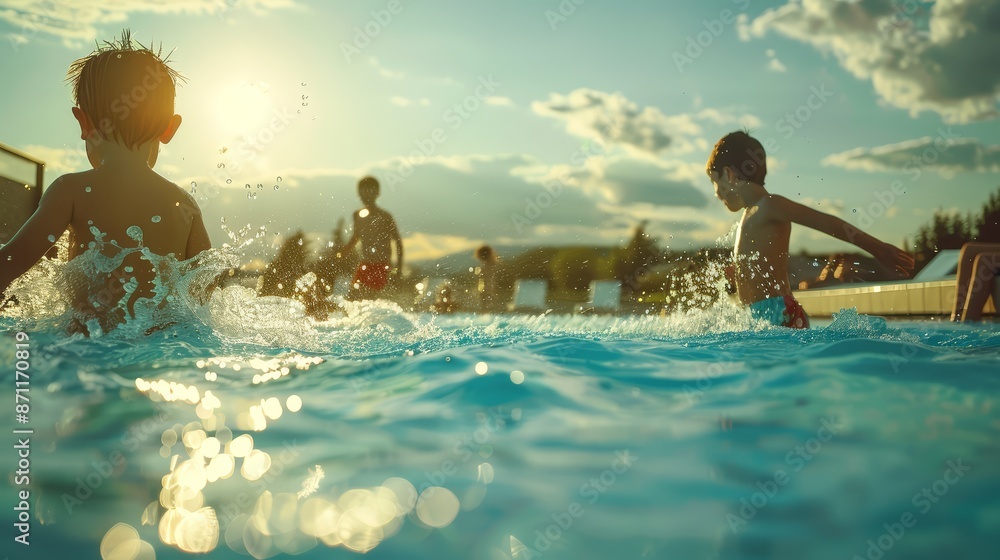 A family enjoying a sunny day at a pool A family enjoying a sunny day at a pool