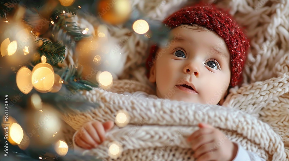 A baby wearing a red hat is lovingly wrapped in a cozy knit blanket, enchanted by the twinkling Christmas lights, symbolizing the joy and magic of the season. A baby wearing a red hat is lovingly wrapped in a cozy knit blanket, enchanted by the twinkling Christmas lights, symbolizing the joy and magic of the season.