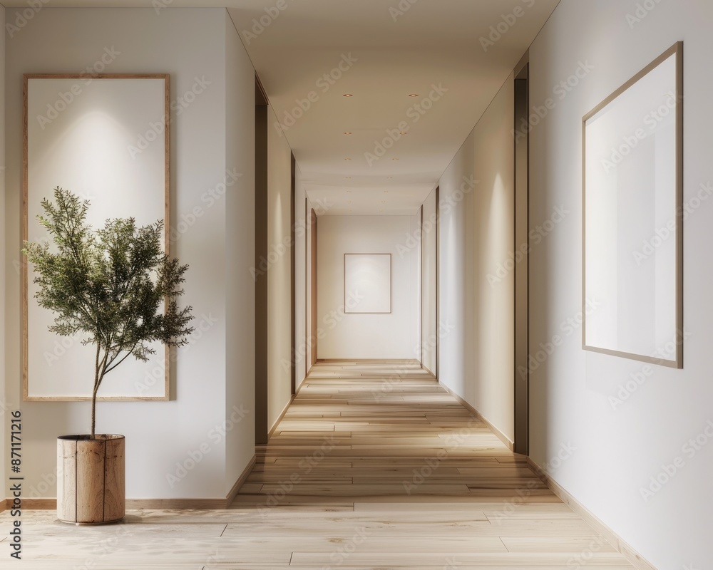 Fototapeta premium Hallway Mockup. Modern Interior Design with Minimalist Frame in Contemporary Hall