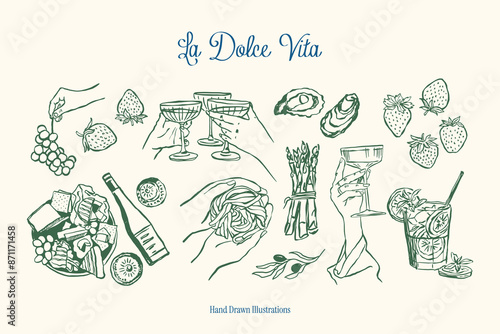 Minimalist hand drawn food and beverages vector illustration collection. Art for greeting cards, wedding invitations, poster design, postcards, branding, logo design, background. Matisse style.