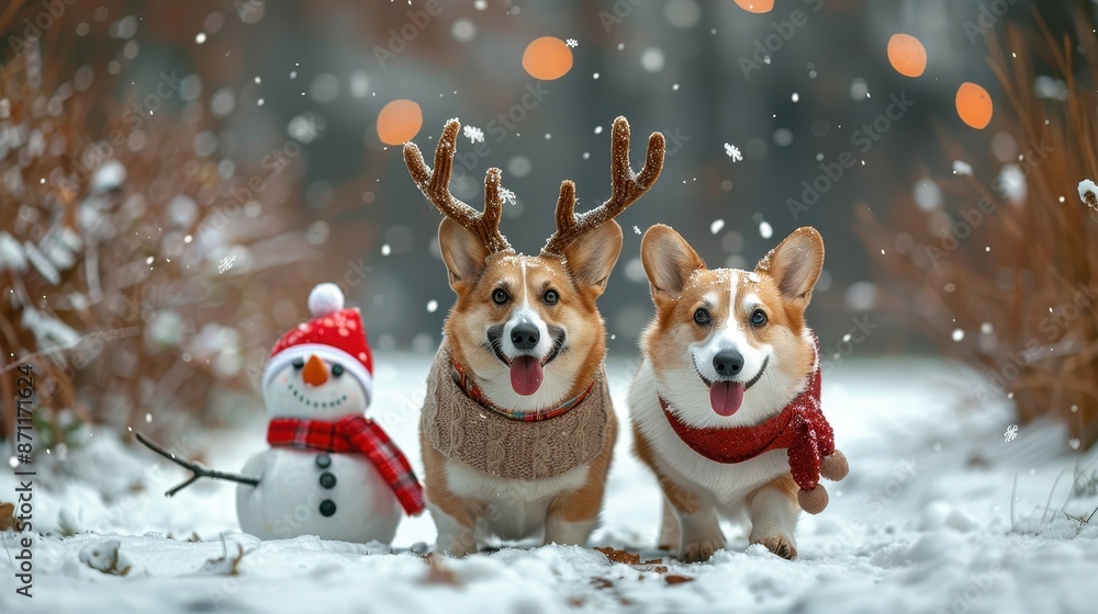 Two corgis dressed in festive attire with one wearing reindeer antlers, standing in the snow alongside a snowman, creating a cheerful and festive winter scene. Two corgis dressed in festive attire with one wearing reindeer antlers, standing in the snow alongside a snowman, creating a cheerful and festive winter scene.