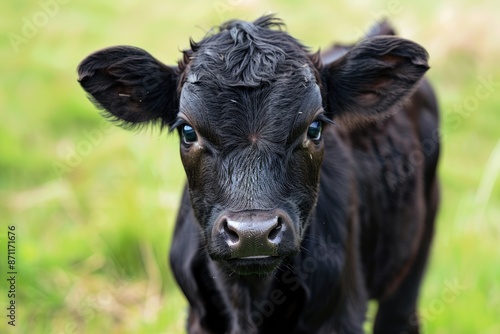 Steer Animal. Extreme Close up of Cute Black Baldy Calf on the Farm