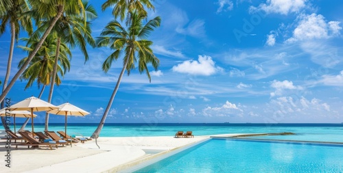 A stunning view of the pool and beach at an all-inclusive resort in Maldives, with palm trees swaying gently under clear blue skies Generative AI © SKIMP Art