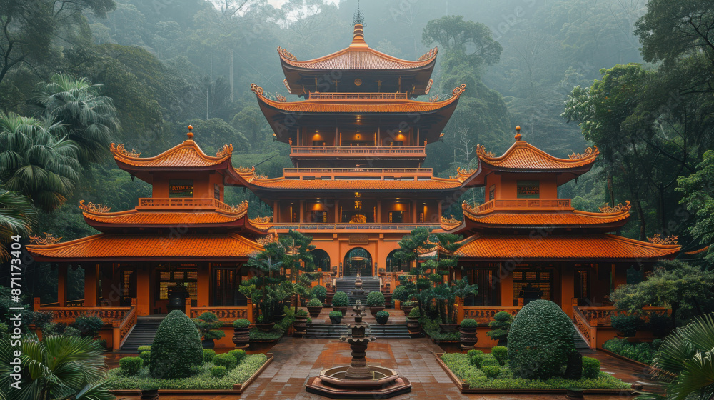 Naklejka premium Serene Chinese-style Painting of Wat Pa Ban Tat Forest Monastery with Lush Greenery