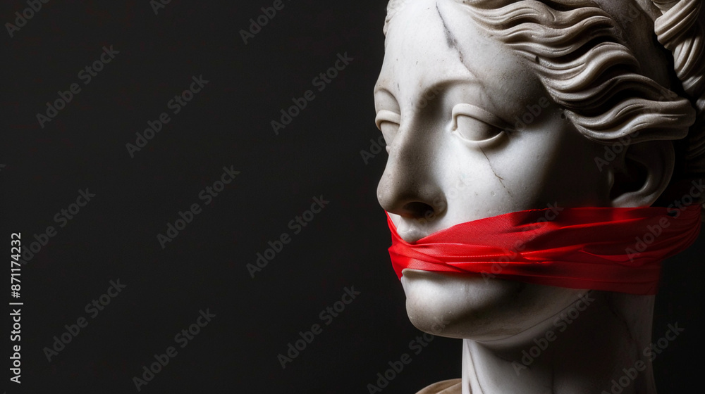 Ancient Greek woman face with red tape on mouth against black background censored censorship Ancient Greek woman face with red tape on mouth against black background censored censorship