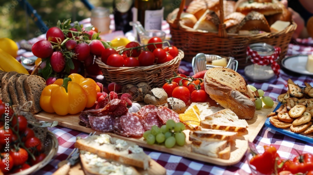 A picnic table set outdoors is filled with a variety of delicious foods, fresh produce, bread, and drinks, creating a vibrant and appetizing scene perfect for gatherings. A picnic table set outdoors is filled with a variety of delicious foods, fresh produce, bread, and drinks, creating a vibrant and appetizing scene perfect for gatherings.