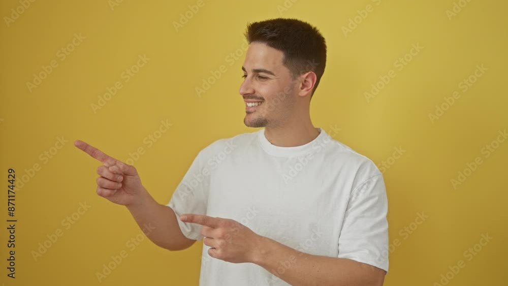 Cheerful young hispanic guy in a white t-shirt, confidently pointing to the side with both hands, while standing against a yellow isolated background, welcoming you with a bright smile! Cheerful young hispanic guy in a white t-shirt, confidently pointing to the side with both hands, while standing against a yellow isolated background, welcoming you with a bright smile!