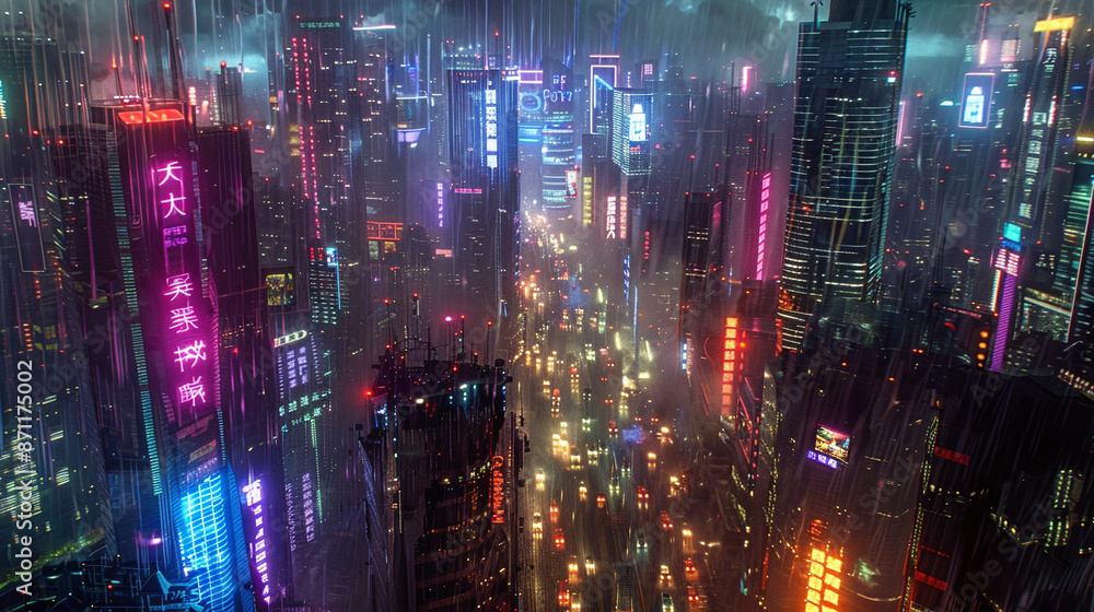 A vibrant futuristic cityscape drenched in rain, illuminated by neon lights and bustling with nighttime traffic.
A vibrant futuristic cityscape drenched in rain, illuminated by neon lights and bustling with nighttime traffic.