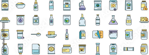 Food substitutes icons set outline vector. Sweetener chemical. Diet food thin line color flat on white