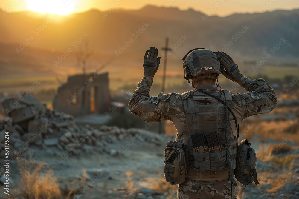 Selective focus of View of American soldiers at sunset. Selective focus of View of American soldiers at sunset.