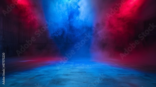 Empty space of dark studio room with mist or mist and red and blue light effects on concrete, grunge texture background. © ศิริชาติ ชุมพล