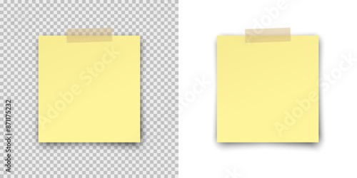 Post note paper sticker isolated on transparent and white  backgrounds. Vector yellow office memo pin on translucent sticky tape with shadow