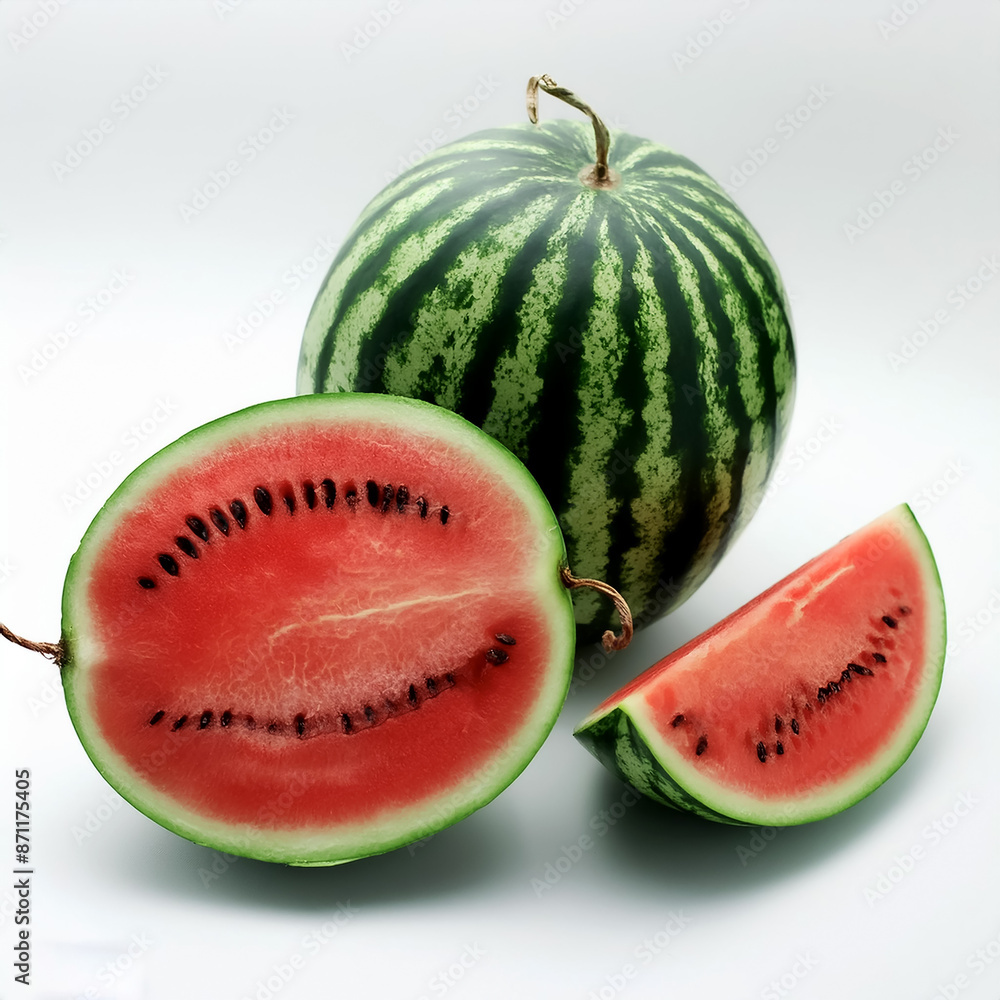 a whole watermelon and a few slices isolated on white background. top of views. a whole watermelon and a few slices isolated on white background. top of views.