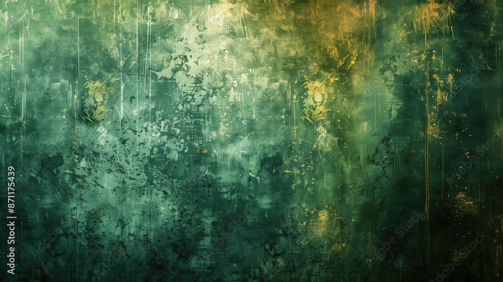 Fototapeta premium Antique Green Painted Blank Wall, Textured Color Background Design, Weathered Distressed Vintage Backdrop, Peeling Paint Closeup, Abstract Digital Grungy Texture