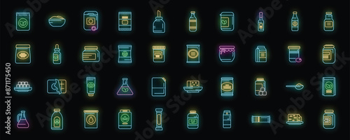 Food substitutes icons set outline vector. Sweetener chemical. Diet food neon color on black