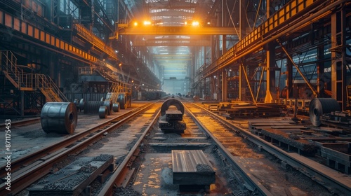 A view down the tracks of a steel plant, where rolled steel products are transported. The tracks lead towards a bright, golden light, illuminating the factorys intricate structure