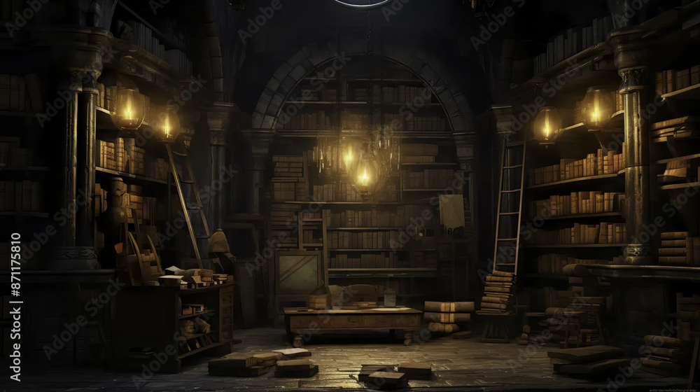 Wizards Library: Enchanted Shelves in Mysterious Glow Fantasy wallpaper Wizards Library: Enchanted Shelves in Mysterious Glow Fantasy wallpaper