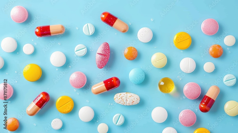 Various colorful pills, tablets, and capsules spread on a blue background, showcasing the diversity in shape, size, and color of pharmaceutical products, symbolizing modern medicine. Various colorful pills, tablets, and capsules spread on a blue background, showcasing the diversity in shape, size, and color of pharmaceutical products, symbolizing modern medicine.