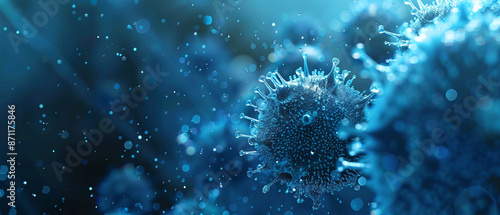 Detailed microscopic view of blue virus cells, showcasing their intricate structures and surrounded by fluid particles. 